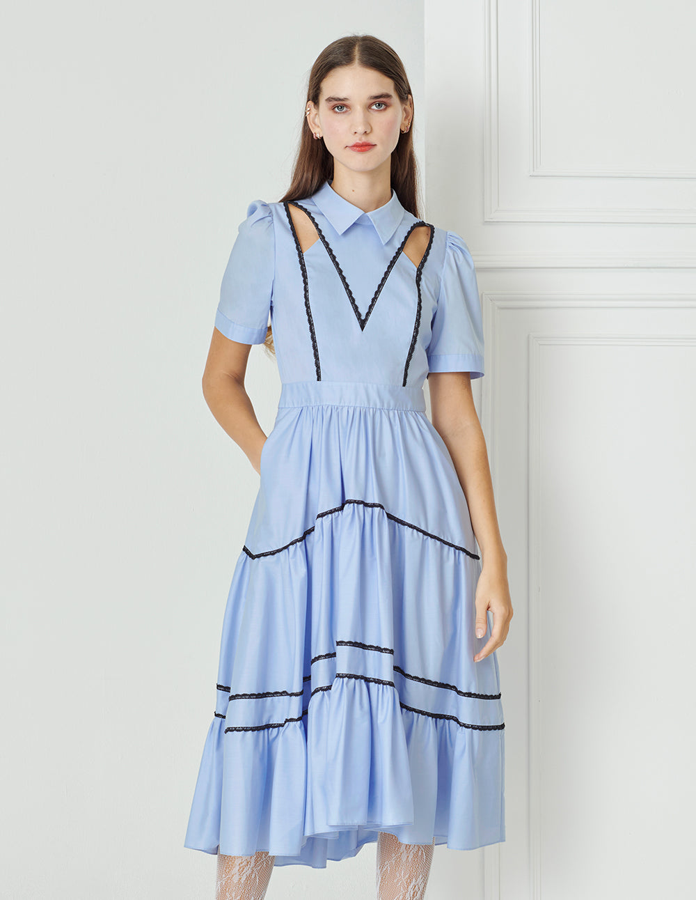 BORA AKSU French Sweet Color-Blocked Lace Formal Dress