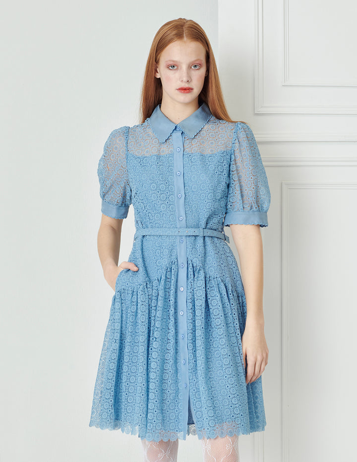 BORA AKSU Petal Trim Lace Pleated  Shirt Dress