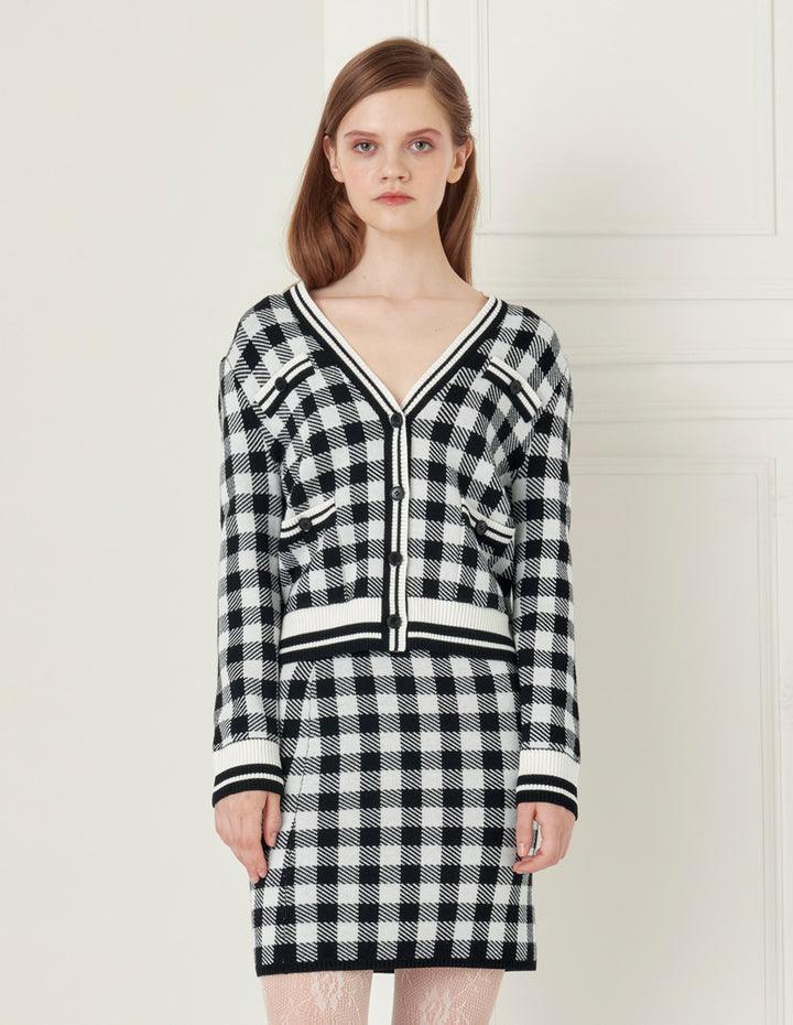 BORA AKSU Vintage Black and White Check Wool Knit Skirt