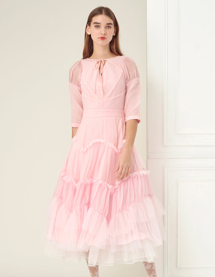 BORA AKSU Pintuck Detail Tulle Tier Dress