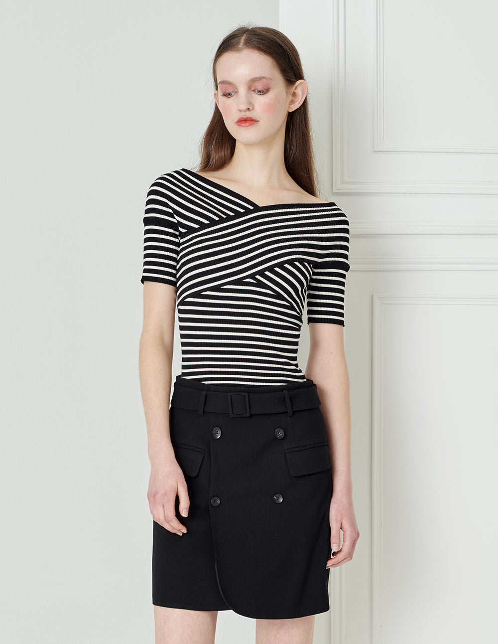 BORA AKSU Black and White Striped Chest Cross Neck Knit Sweater