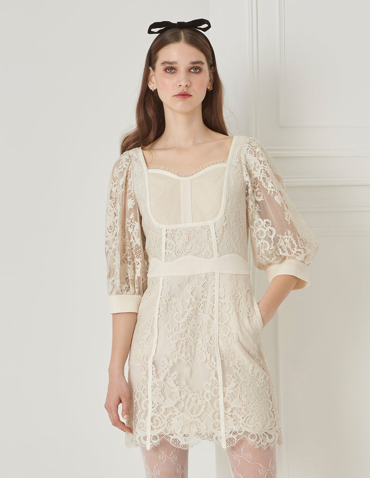BORA AKSU French Vintage Puff Sleeve Diamond Collar Lace Dress