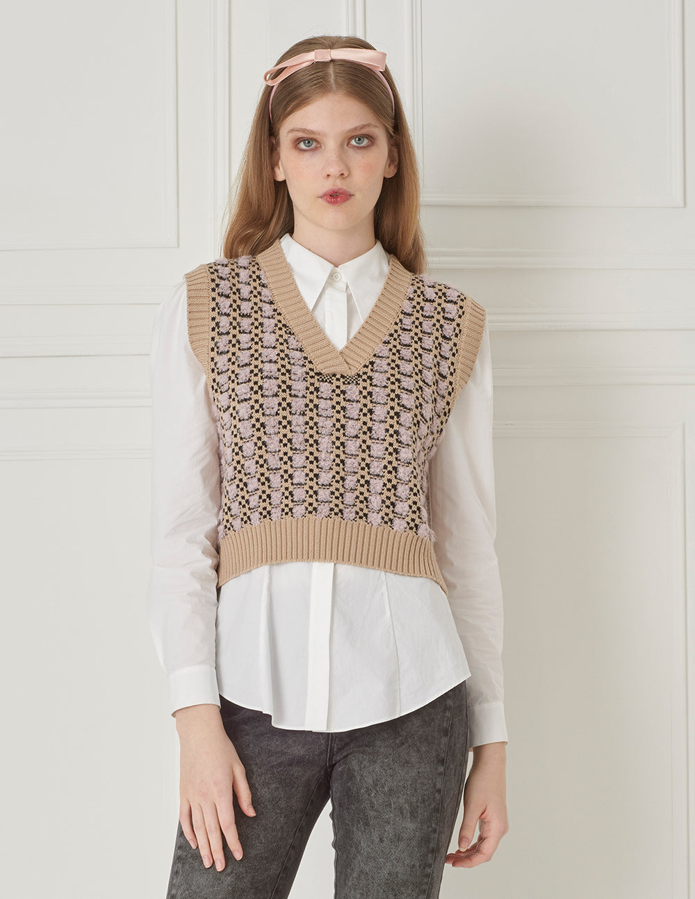 BORA AKSU V-Neck Jacquard Wool Knit Short Vest