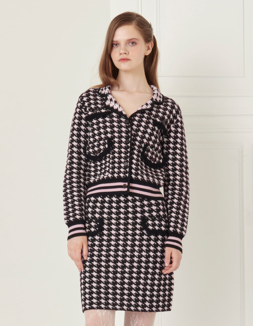 BORA AKSU Black Pink Houndstooth Knitted Skirt