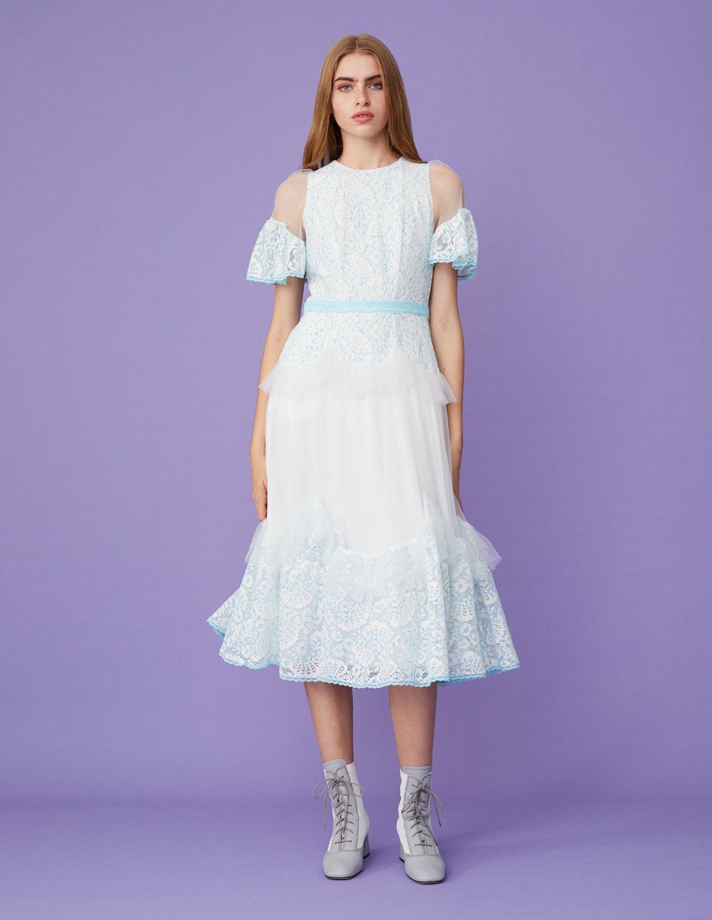 BORA AKSU Runway Lace And Tulle Wide Sleeve Ruffle Midi Dress