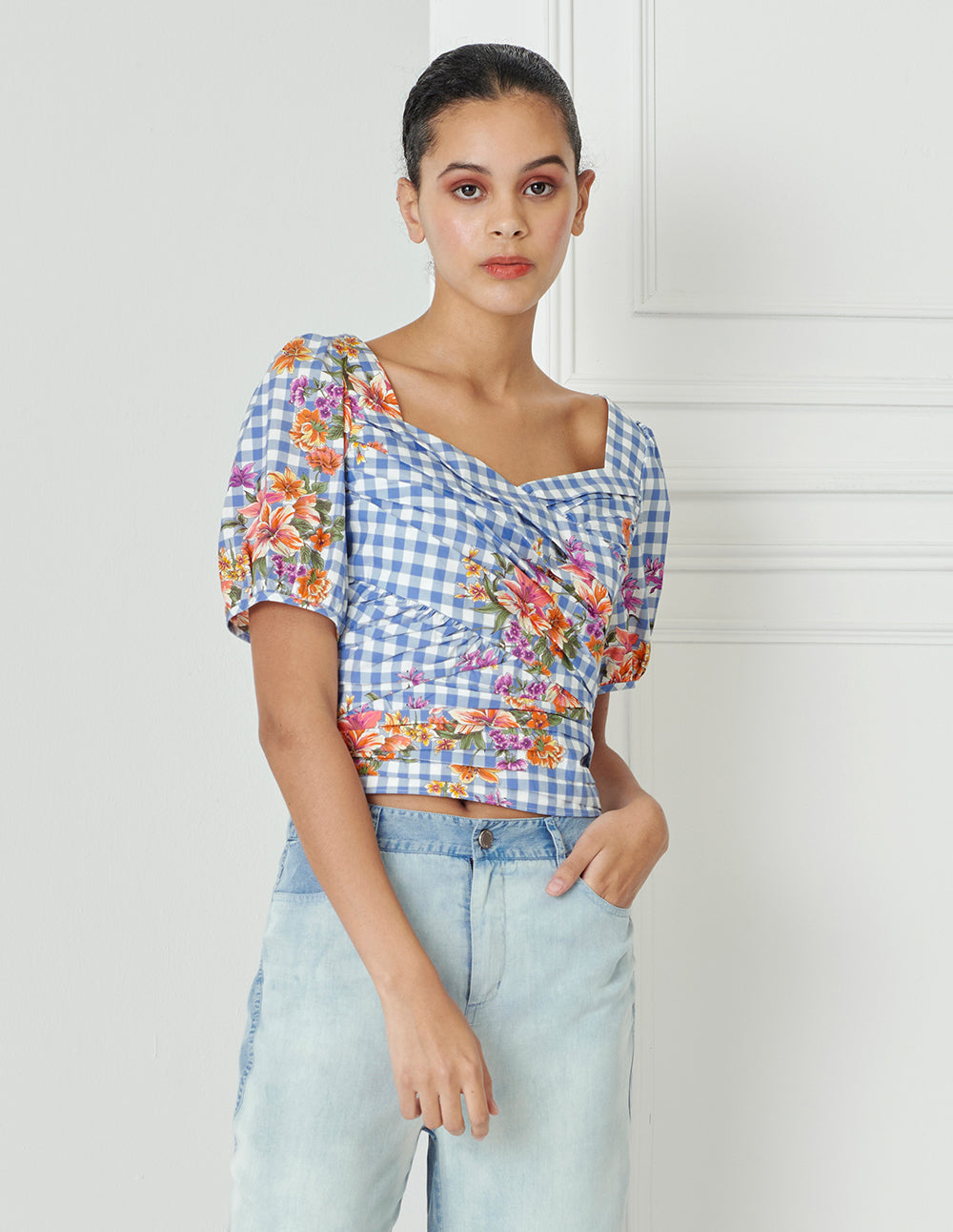 BORA AKSU Vintage Diamond Neck Pleated Print Top