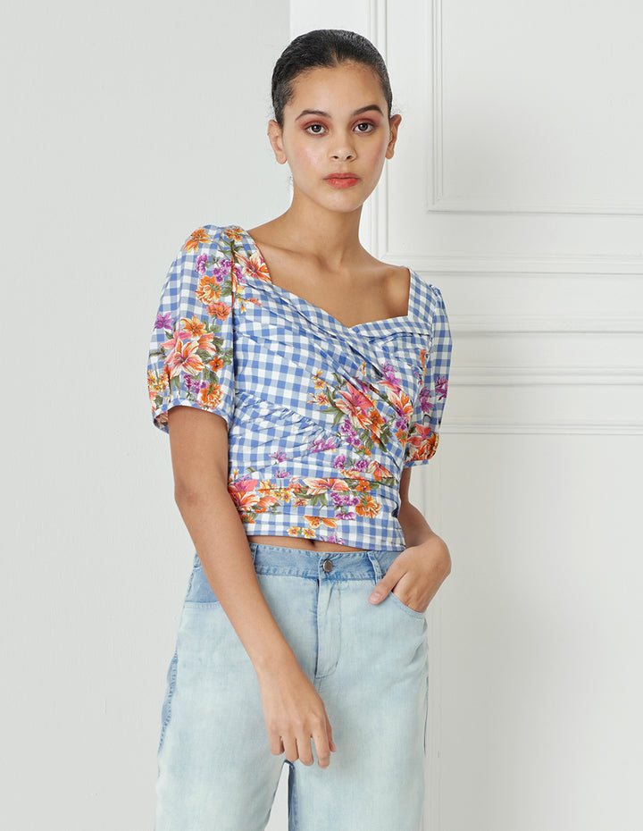 BORA AKSU Vintage Diamond Neck Pleated Print Top