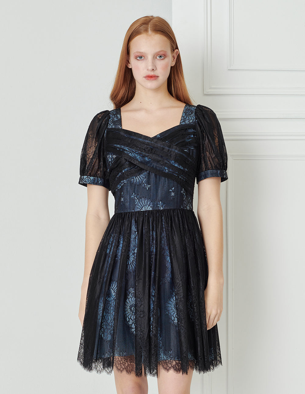 BORA AKSU French Lace Neck Pleated Dress