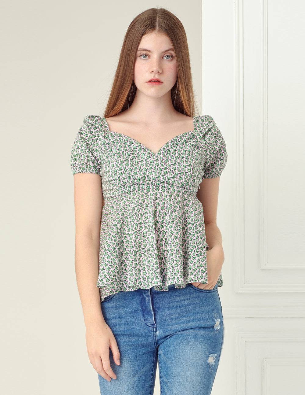 BORA AKSU Light green floral print V-neck short sleeved top