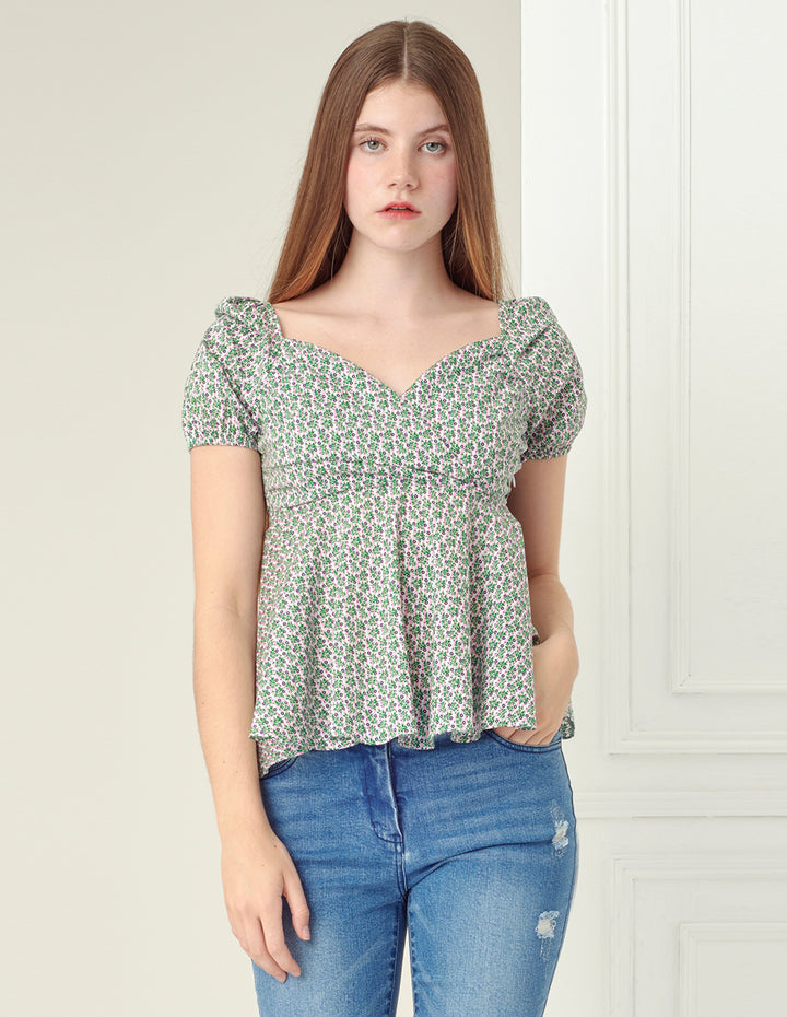 BORA AKSU Light green floral print V-neck short sleeved top