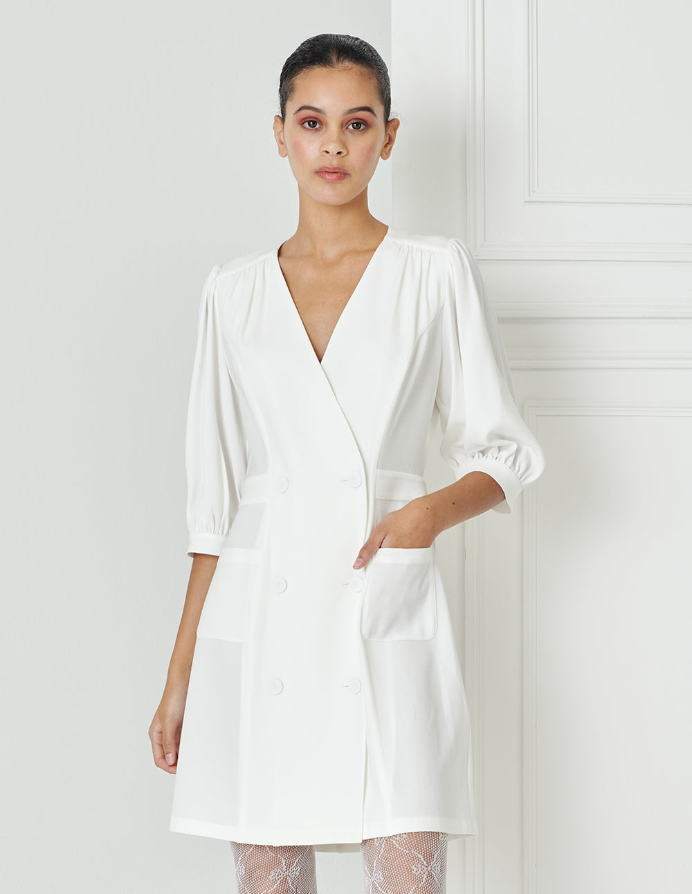 BORA AKSU Triacetate V-Neck Mid-Sleeve Dress