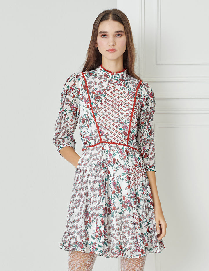 BORA AKSU Sweet Shortcollar Puff Sleeve Paisley Print Dress