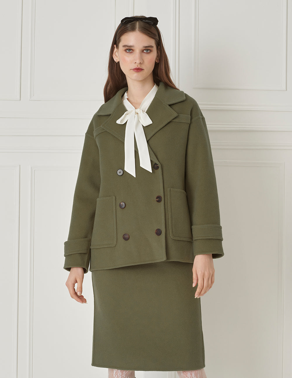 BORA AKSU Straight-Leg Olive Green Woolen Skirt With Patch Pockets