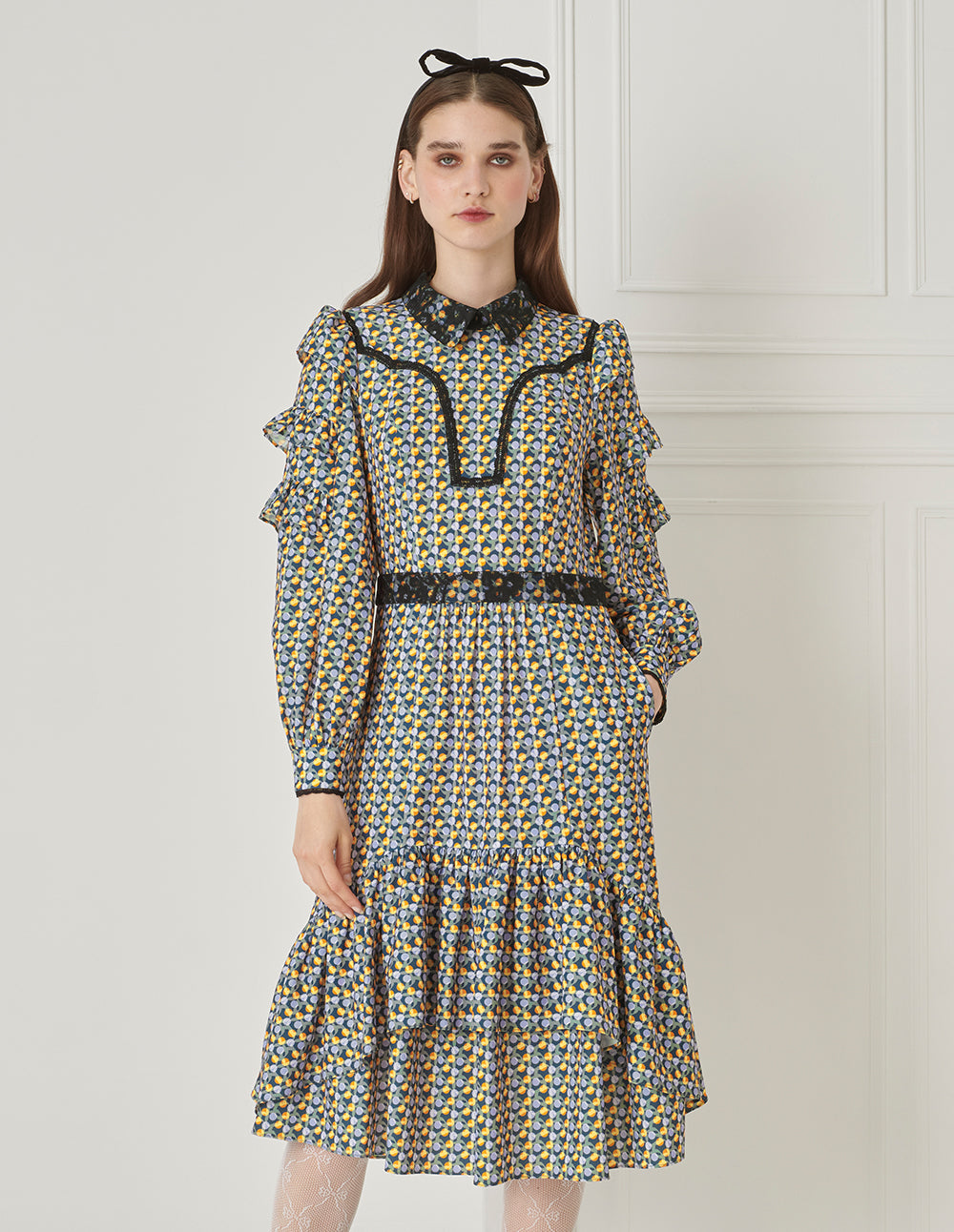 BORA AKSU Puff Sleeve Lace Patchwork Polka Dot Print Dress