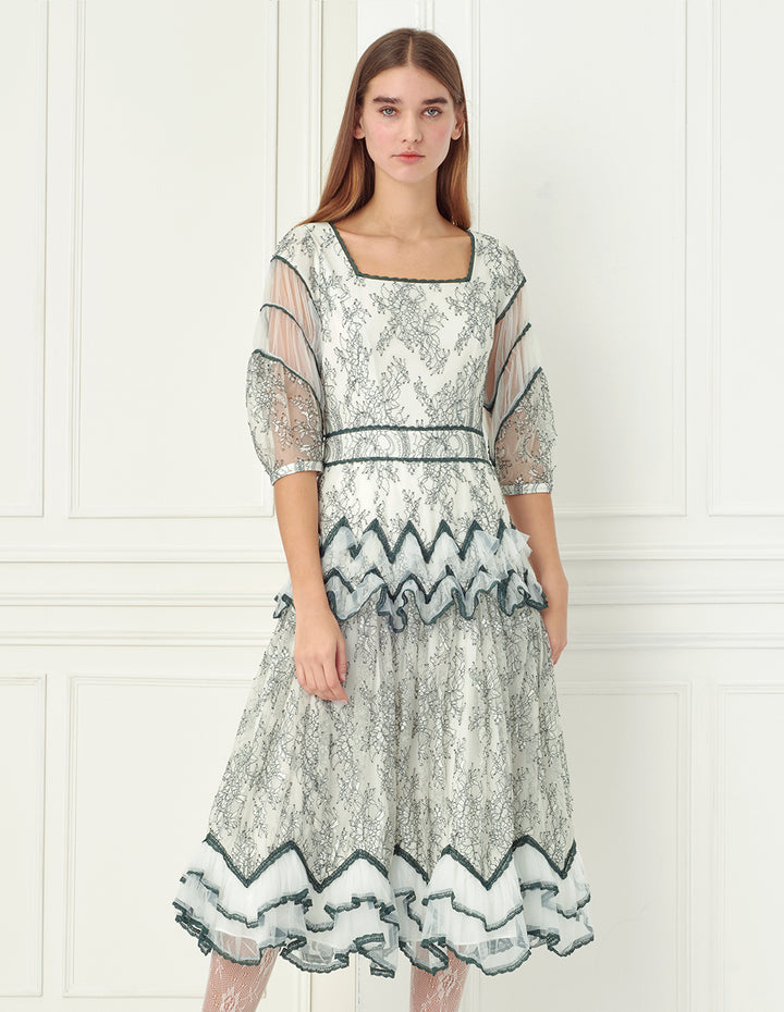 BORA AKSU Lace-Trimmed Floral Lace Square Neck Midi Dress