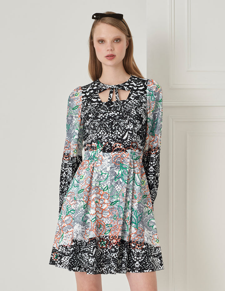 BORA AKSU Temperament Hollow Collar Puff Sleeve Lace Print Dress