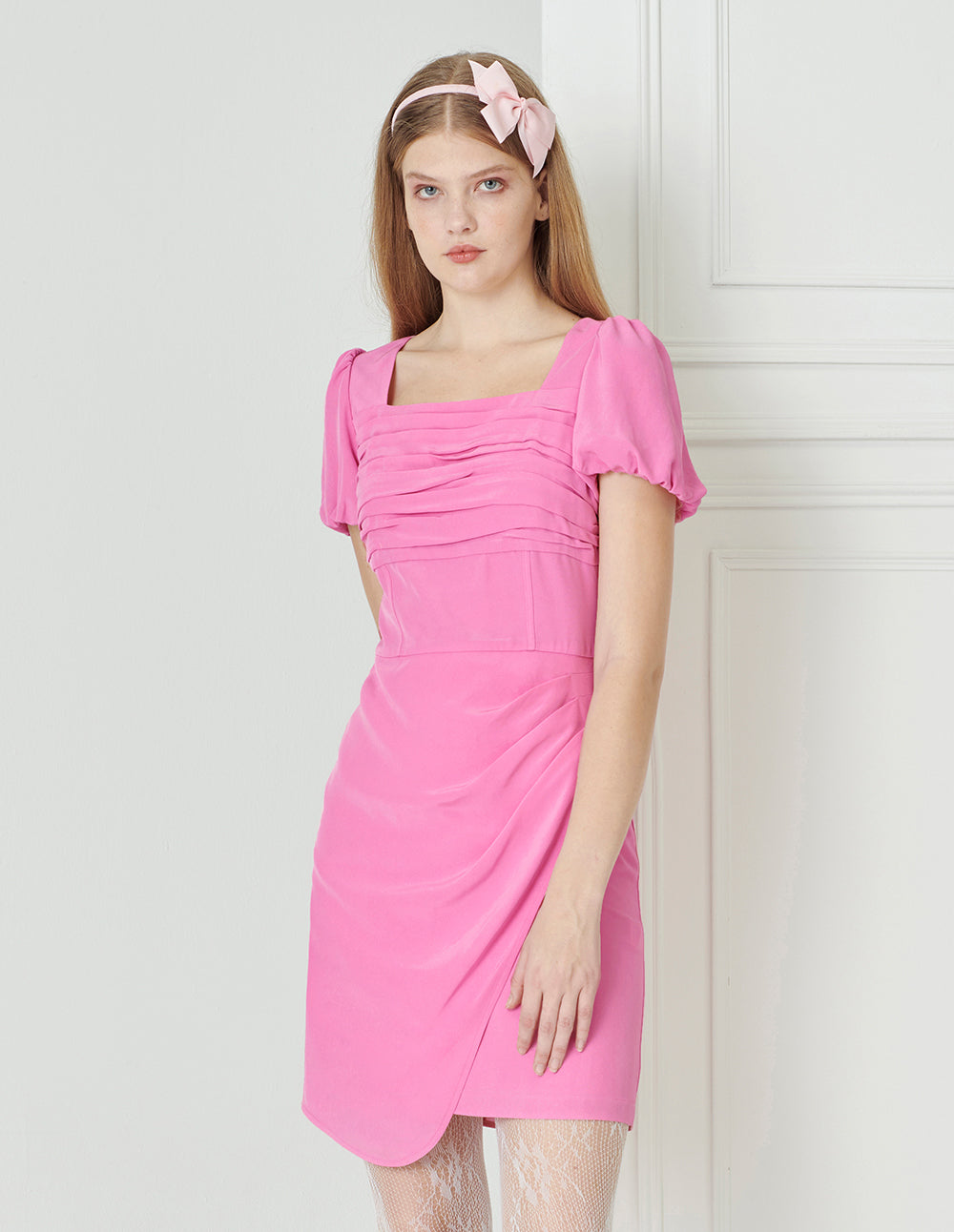 BORA AKSU Puff-Sleeved Square-Neck Acetate Pleated Wrap-Hip Dress