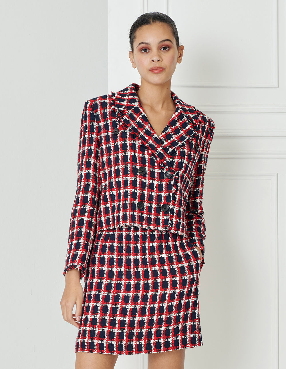 BORA AKSU Red And Blue Check Tweed Suit Skirt