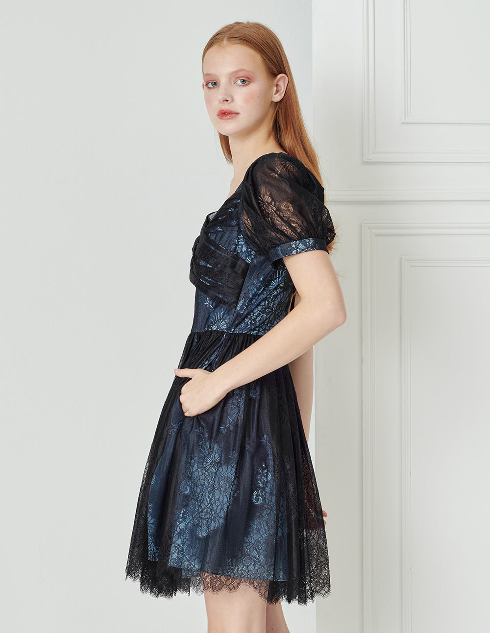 BORA AKSU French Lace Neck Pleated Dress