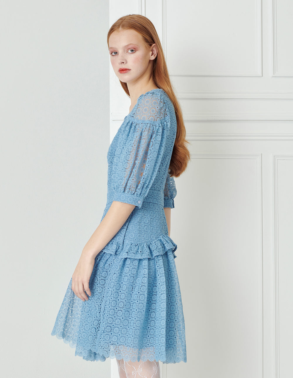 BORA AKSU Diamond Neck Ruffle Pleated Lace Dress