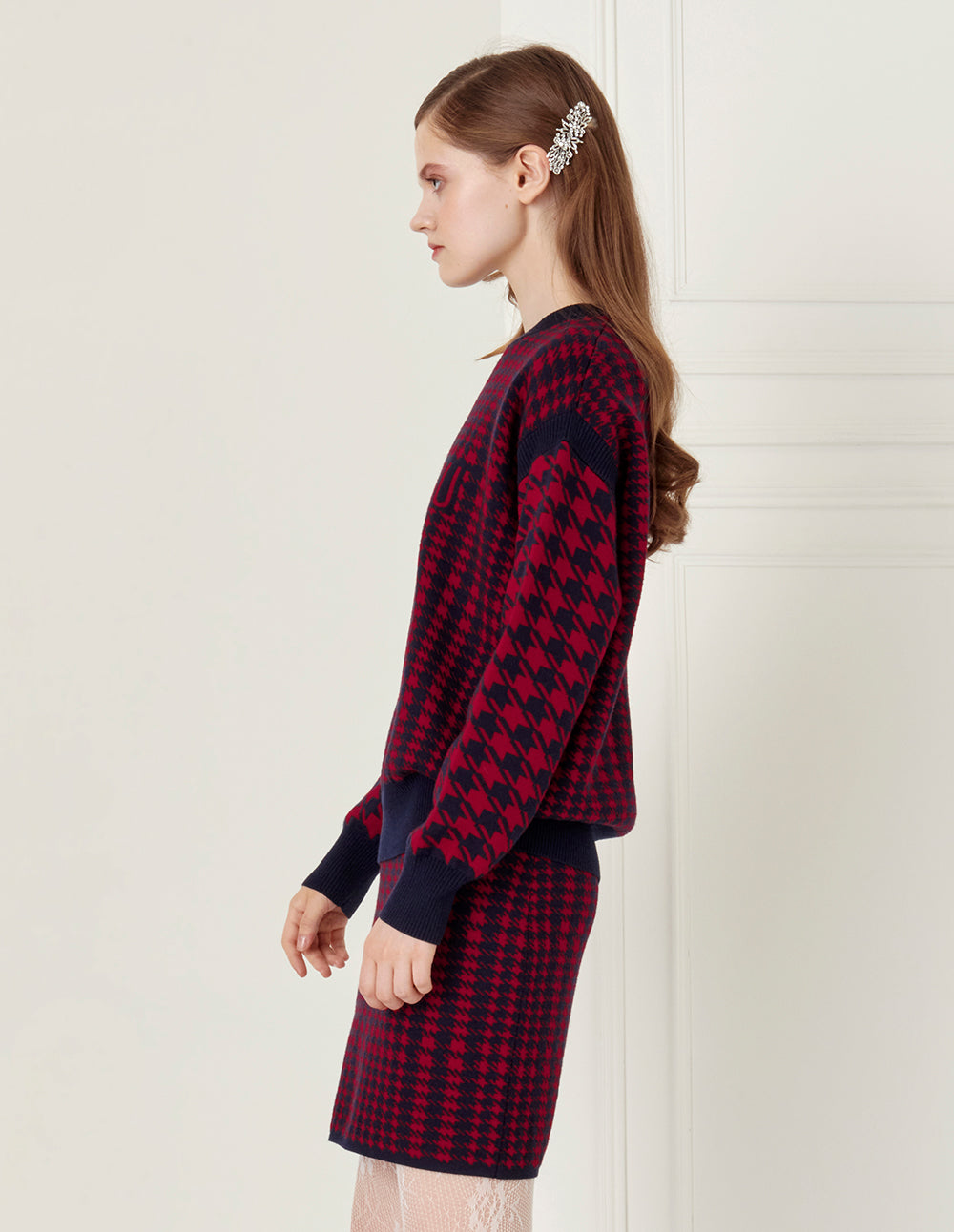 BORA AKSU Red And Black Houndstooth Wool Knitted Skirt