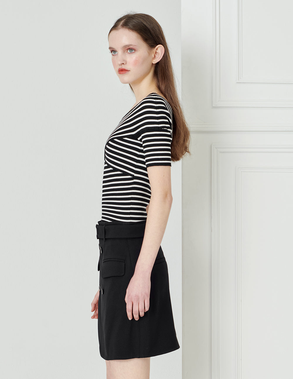 BORA AKSU Black and White Striped Chest Cross Neck Knit Sweater