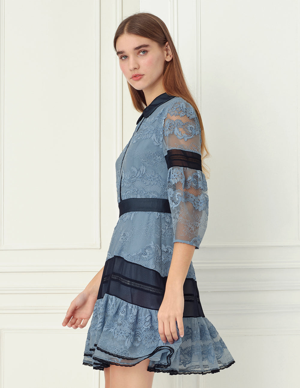 BORA AKSU Peter-Pan Collar Floral Lace Mini Mermaid Dress