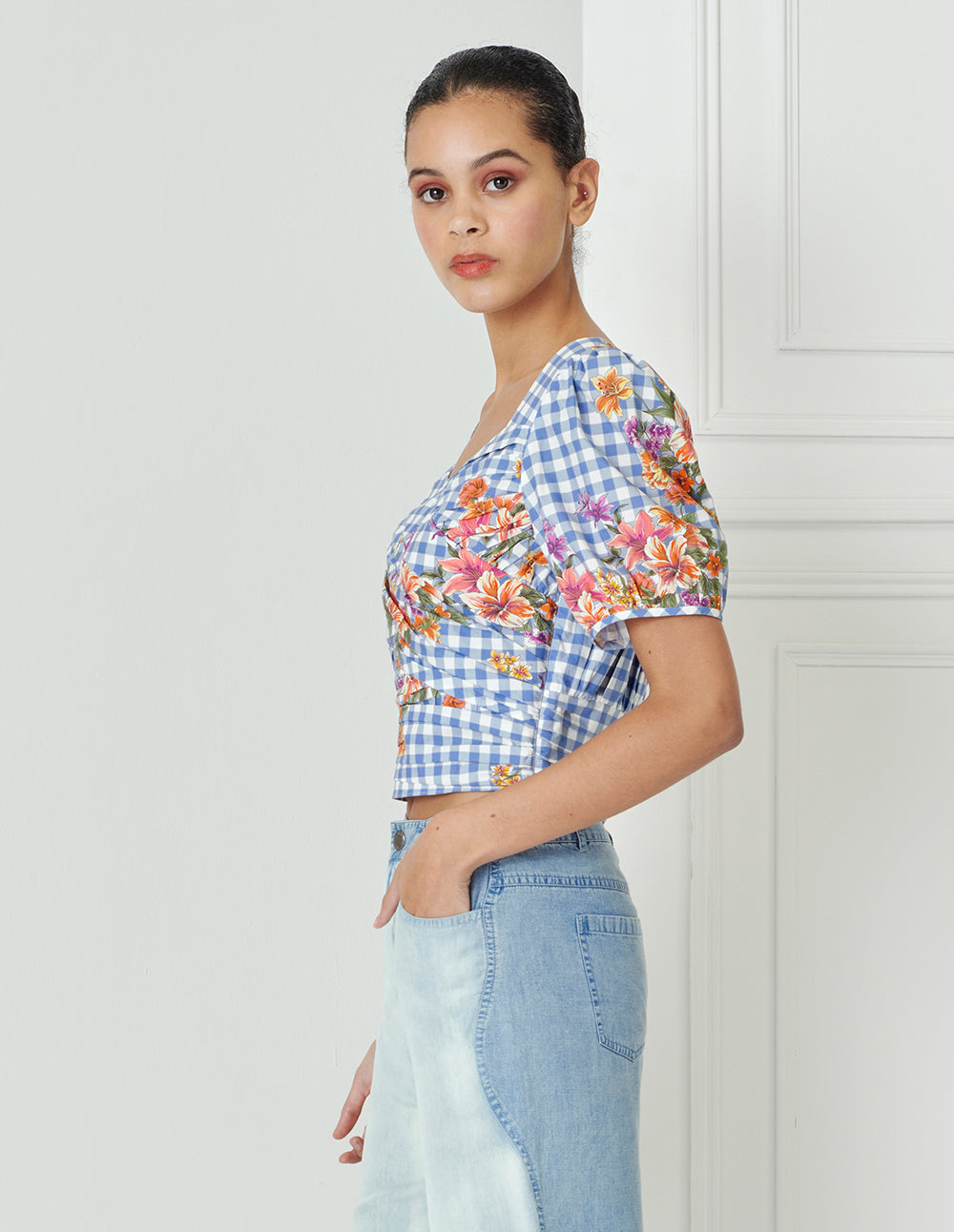 BORA AKSU Vintage Diamond Neck Pleated Print Top