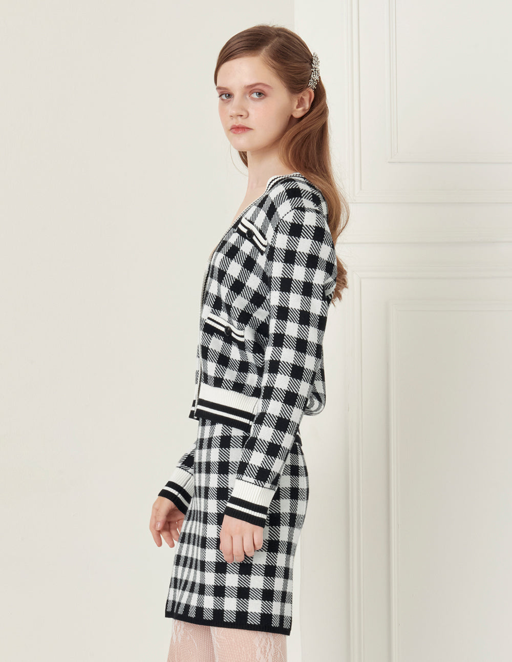 BORA AKSU Vintage Black and White Check Wool Knit Skirt