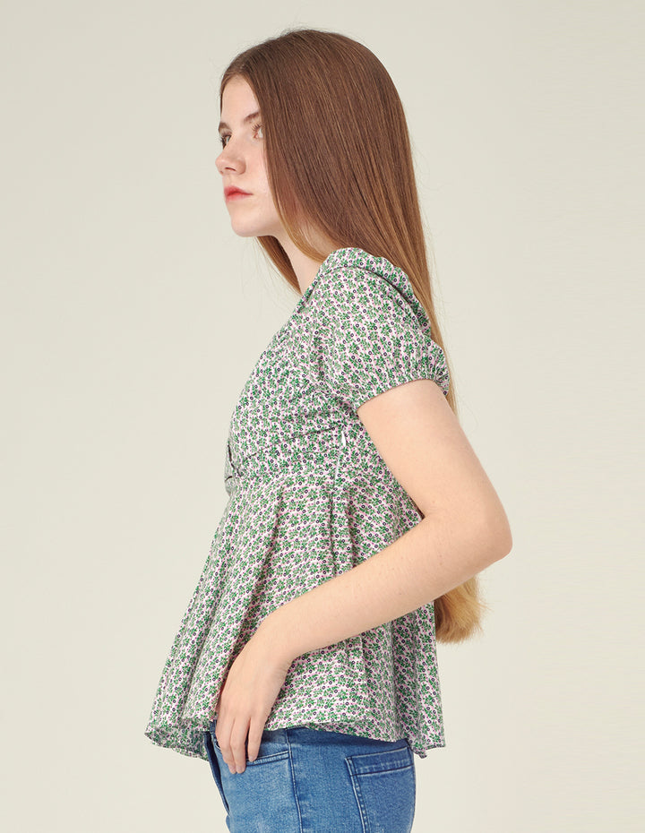 BORA AKSU Light green floral print V-neck short sleeved top