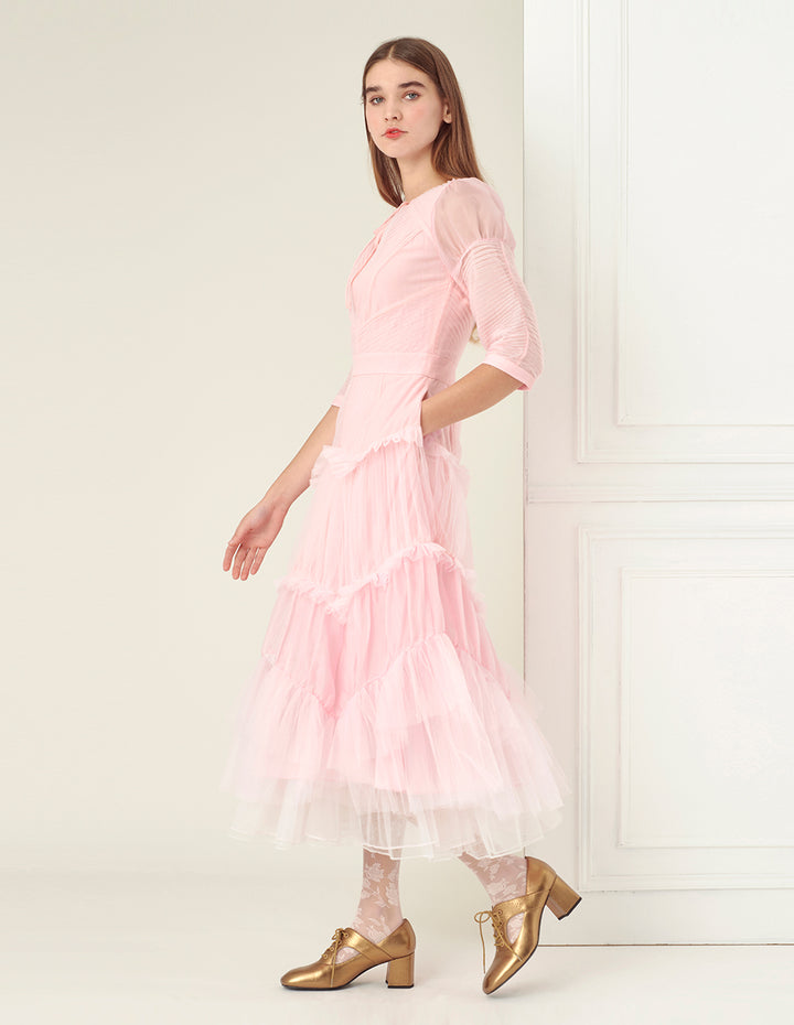 BORA AKSU Pintuck Detail Tulle Tier Dress