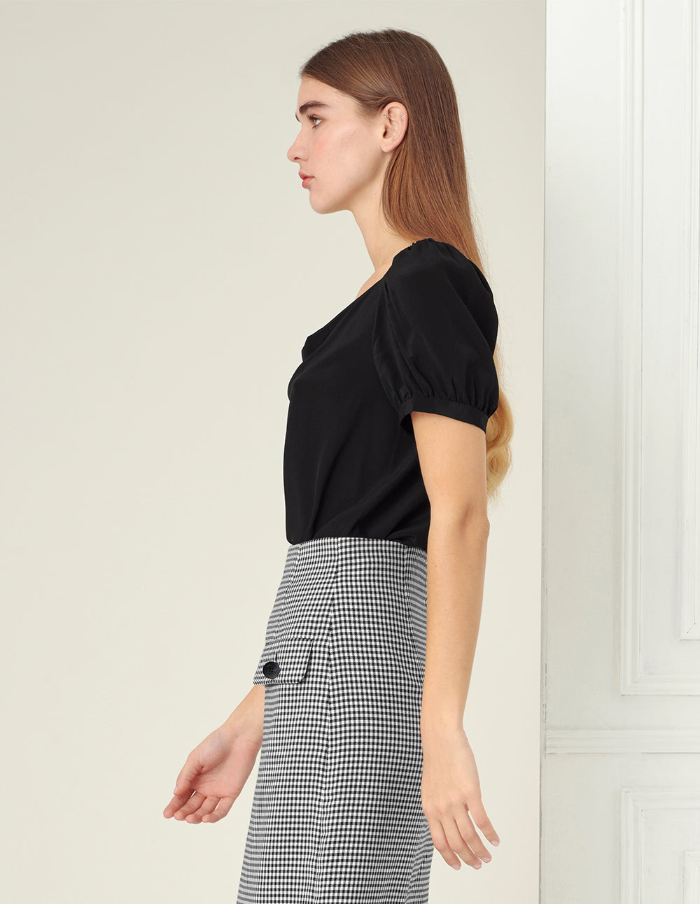 BORA AKSU Black micro puff sleeves silk top