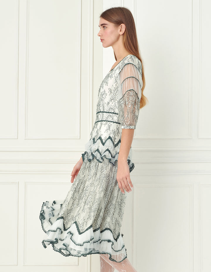 BORA AKSU Lace-Trimmed Floral Lace Square Neck Midi Dress