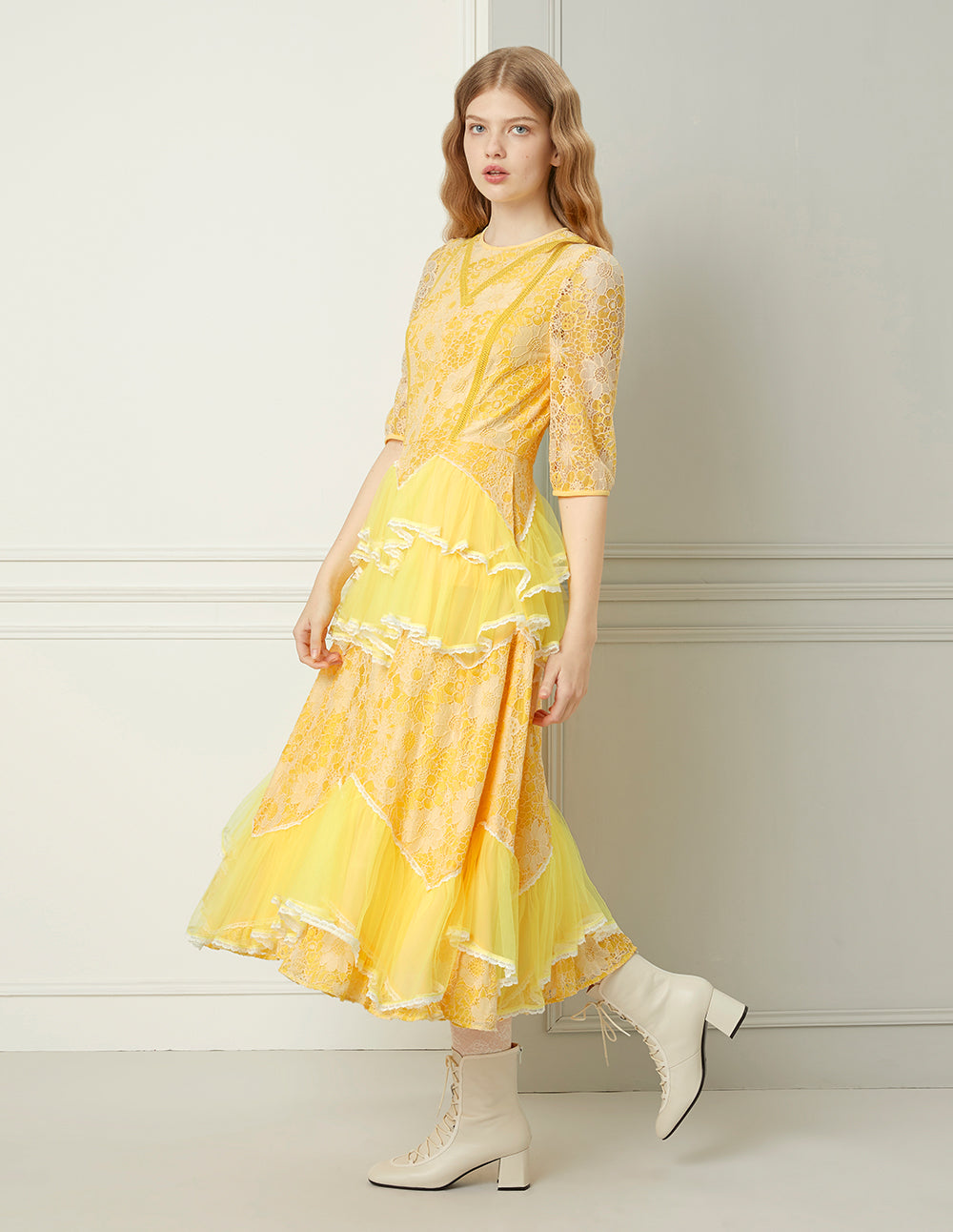 BORA AKSU Daffodil Mesh Ruffled Lace Mid-Sleeve Long Dress