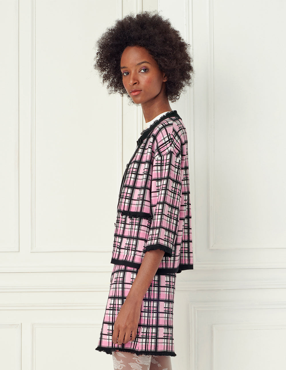 BORA AKSU Retro pink check frayed knitted mini skirt