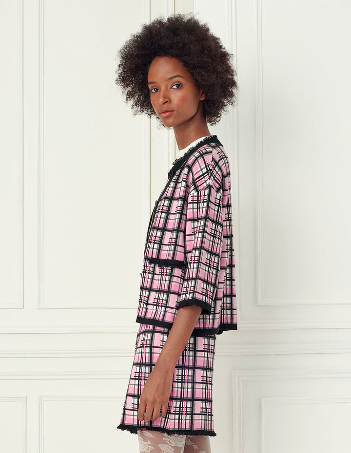 BORA AKSU Retro pink check frayed knitted mini skirt