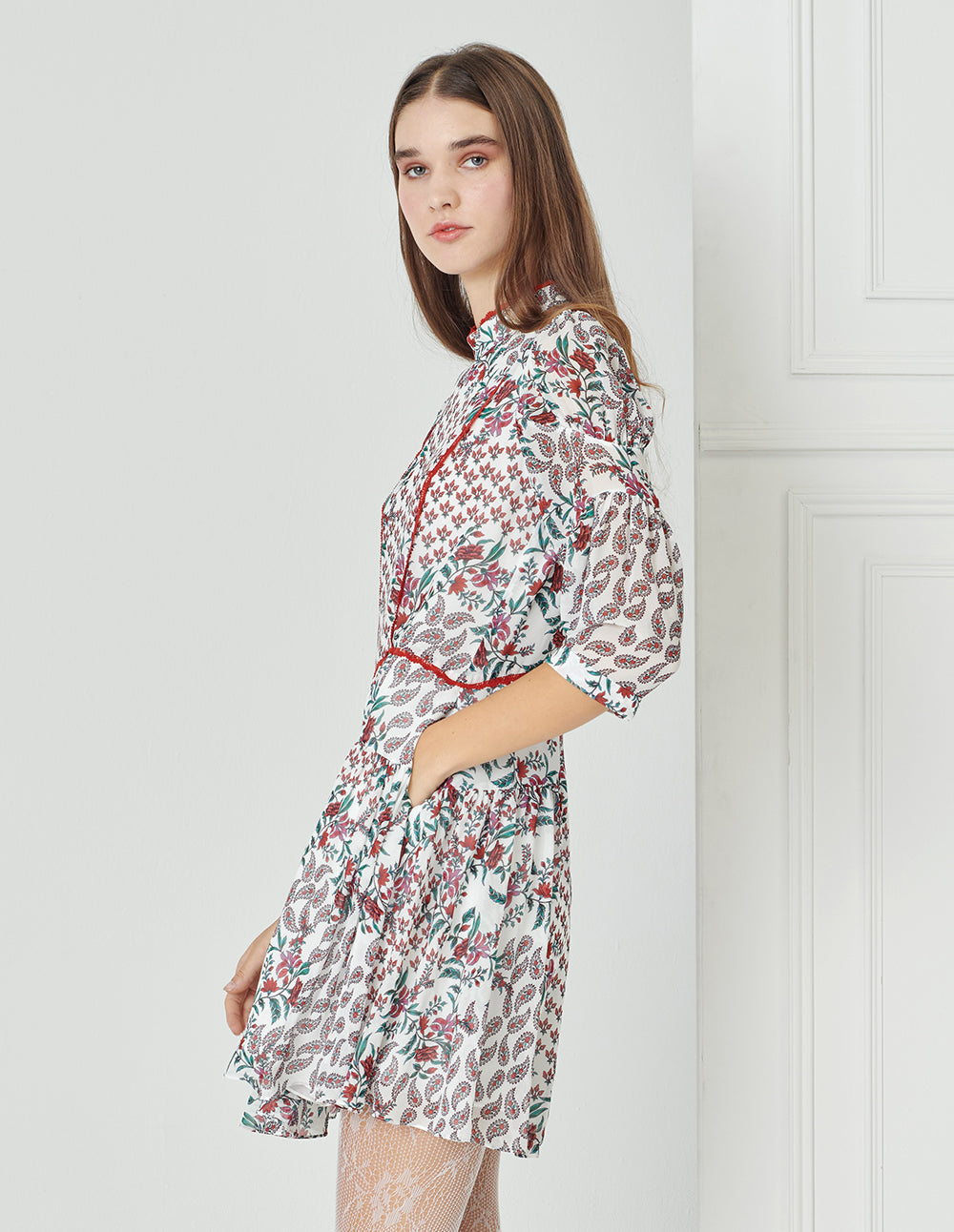 BORA AKSU Sweet Shortcollar Puff Sleeve Paisley Print Dress