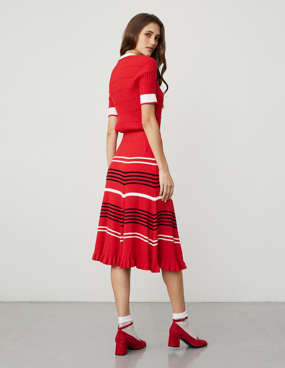 BORA AKSU Contrasted Stripe Color A-Line Midi Knit Skirt