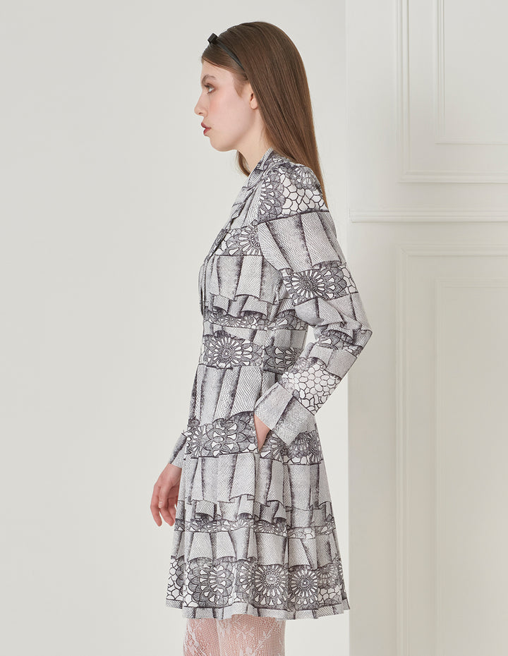 BORA AKSU Notched Lapel Puff Sleeve Abstract Print Long-Sleeved Dress