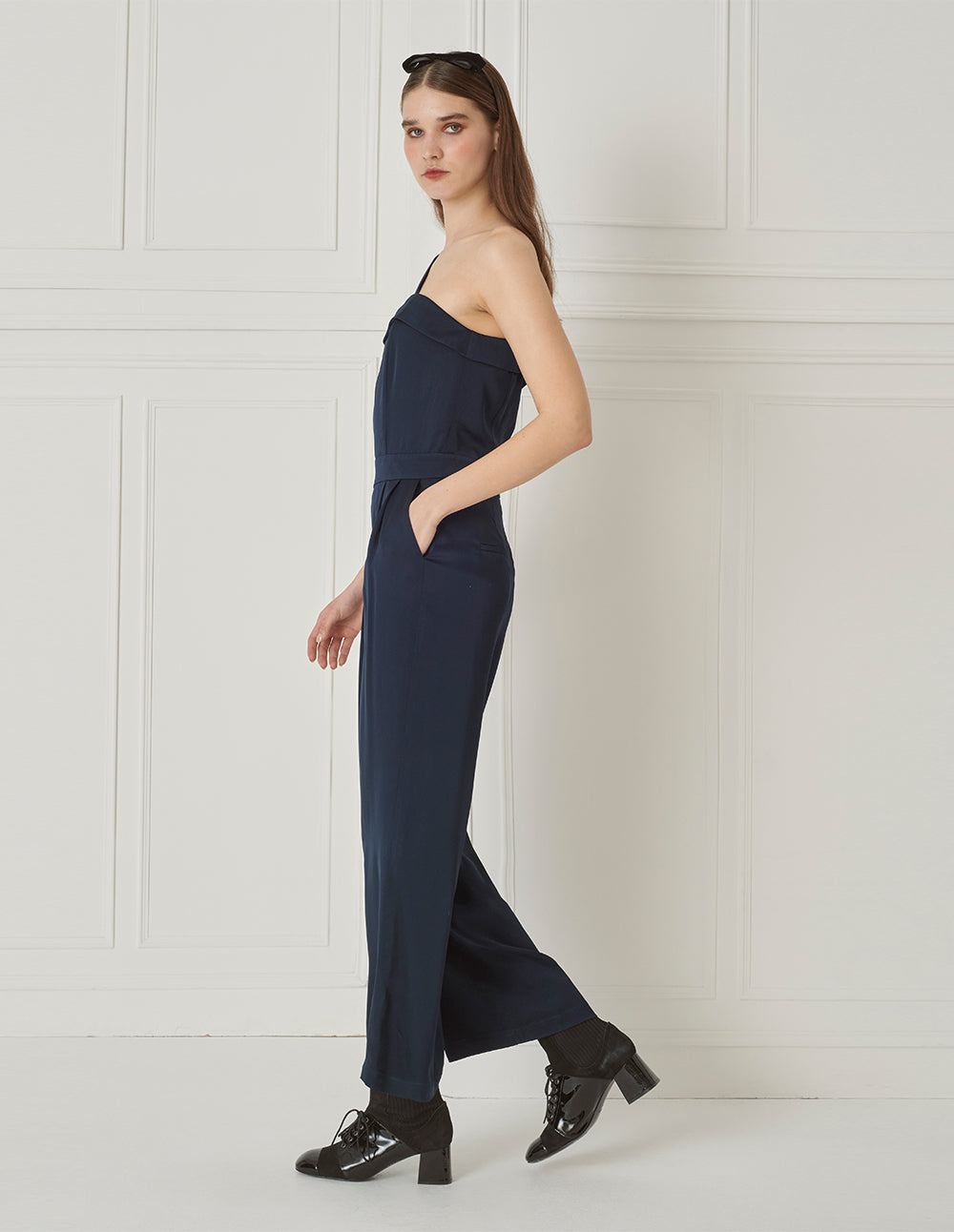 BORA AKSU Acetate Oblique Strap Strapless Navy Blue Jumpsuit