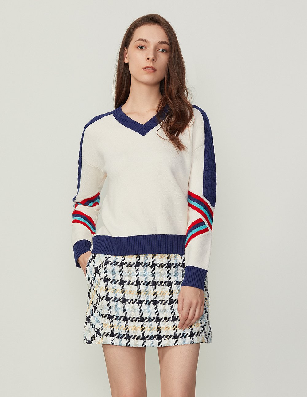 BORA AKSU Denim Waist Splicing Tartan Pattern Tweed Mini Skirt