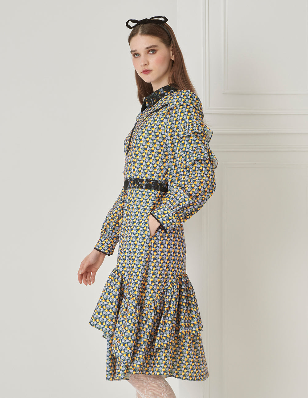 BORA AKSU Puff Sleeve Lace Patchwork Polka Dot Print Dress