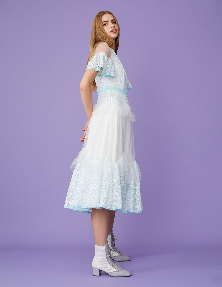 BORA AKSU Runway Lace And Tulle Wide Sleeve Ruffle Midi Dress