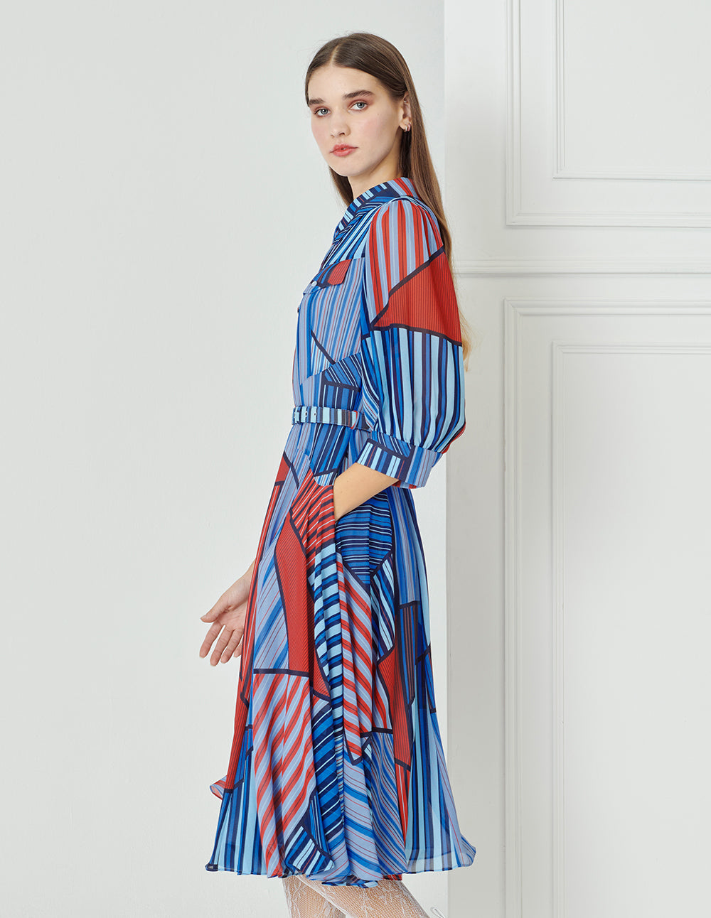 BORA AKSU Red And Blue Patchwork Stripe Shirt Collared Dress