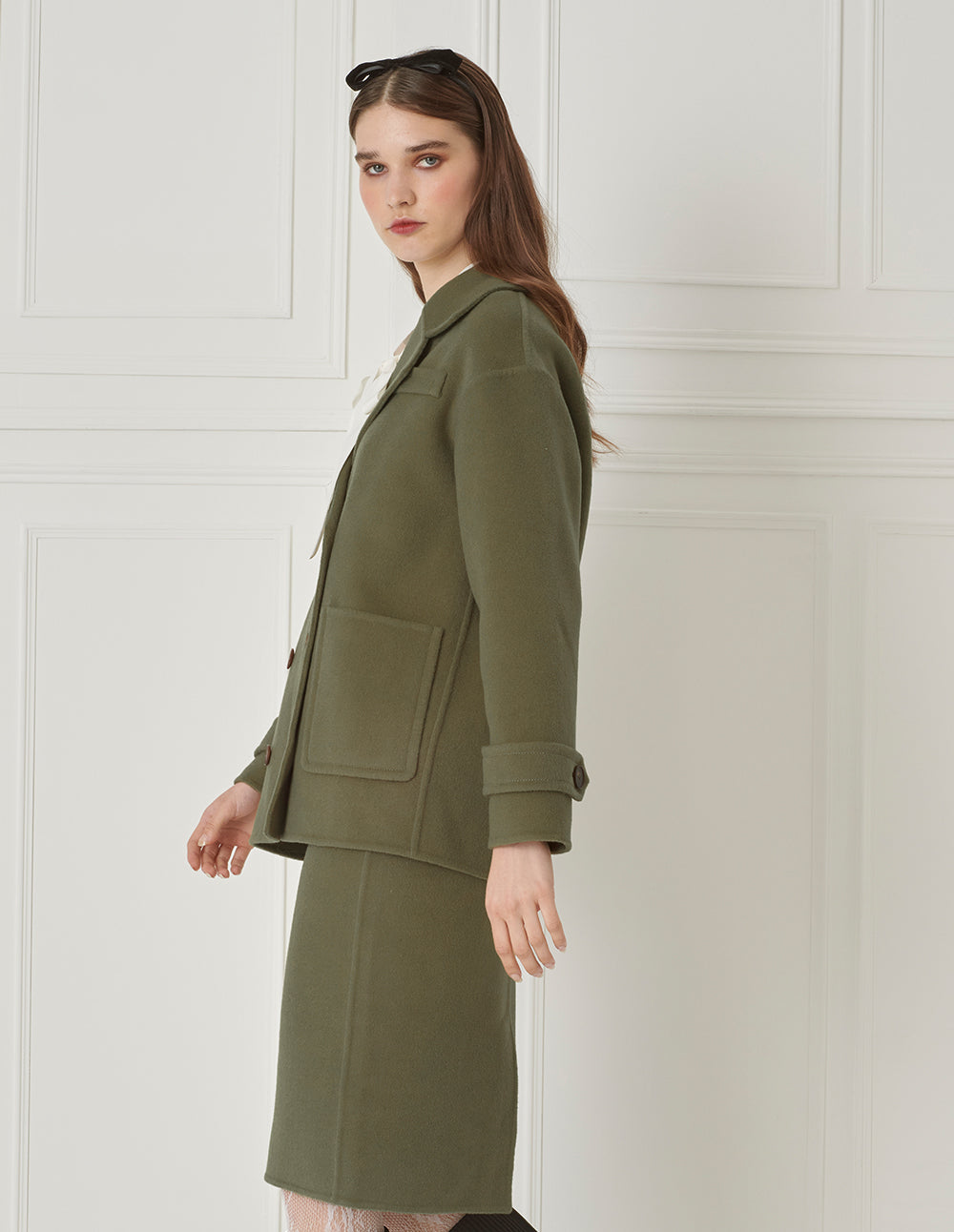 BORA AKSU Straight-Leg Olive Green Woolen Skirt With Patch Pockets