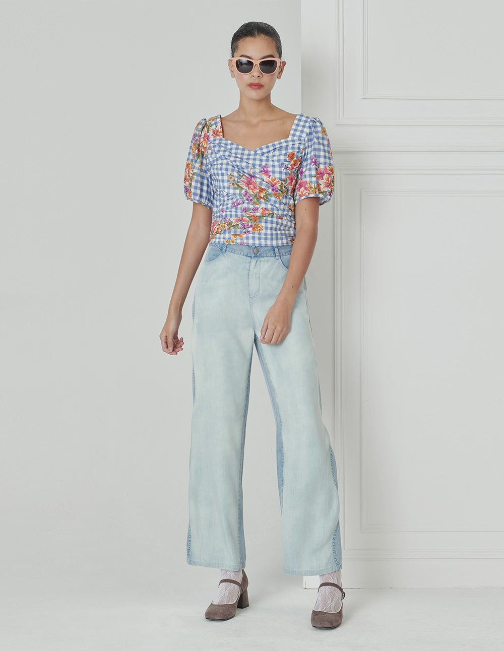 BORA AKSU Vintage Diamond Neck Pleated Print Top