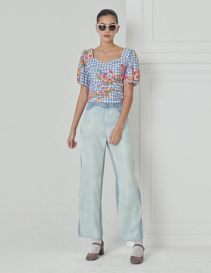 BORA AKSU Vintage Diamond Neck Pleated Print Top