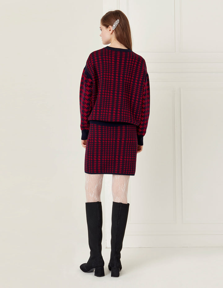 BORA AKSU Red And Black Houndstooth Wool Knitted Skirt