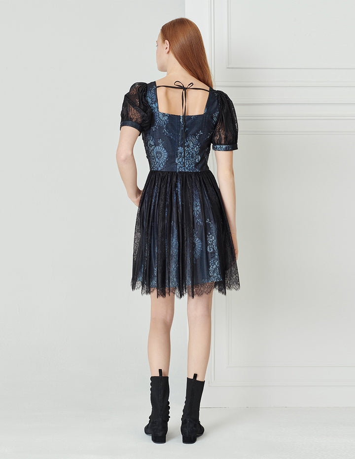 BORA AKSU French Lace Neck Pleated Dress