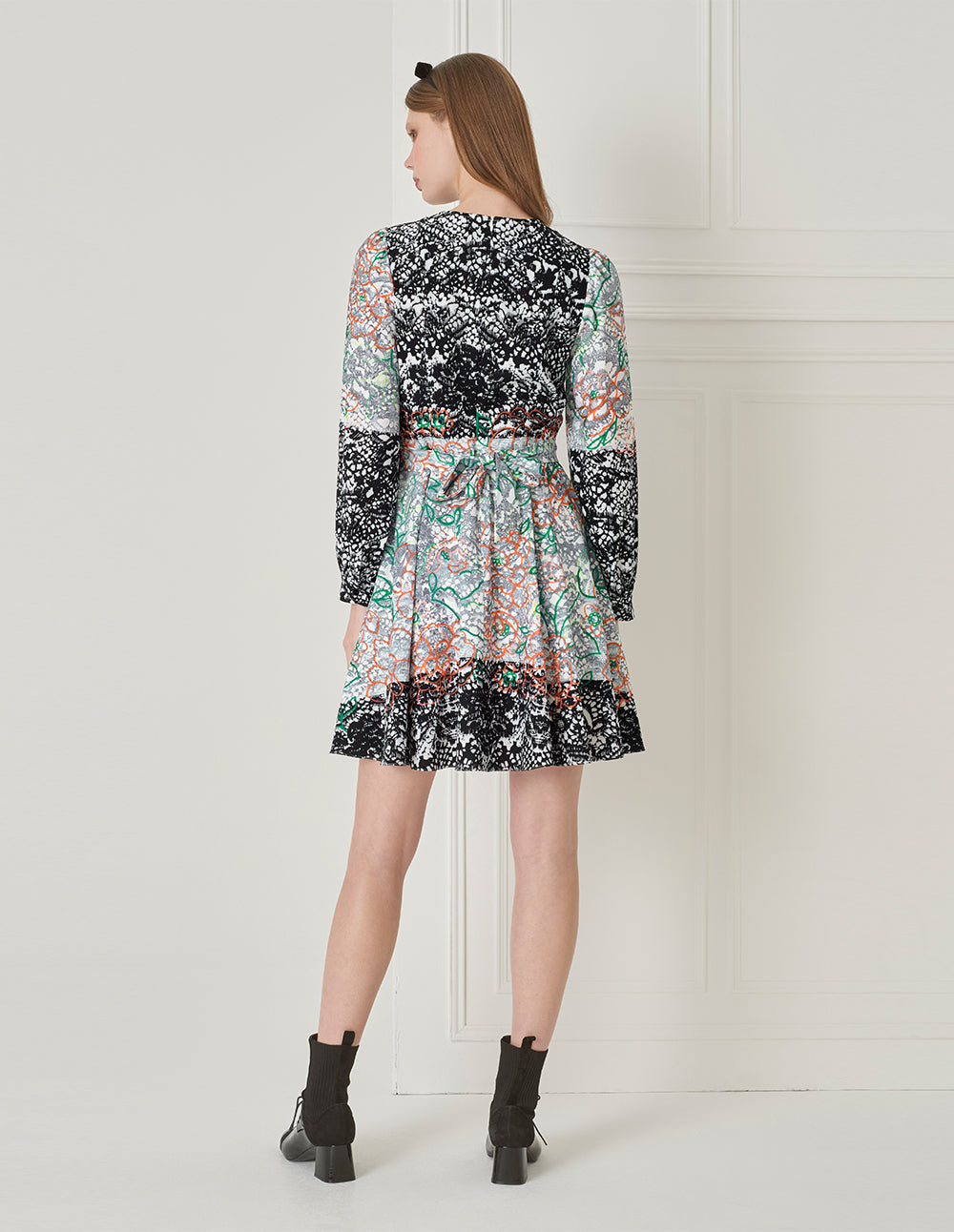 BORA AKSU Temperament Hollow Collar Puff Sleeve Lace Print Dress